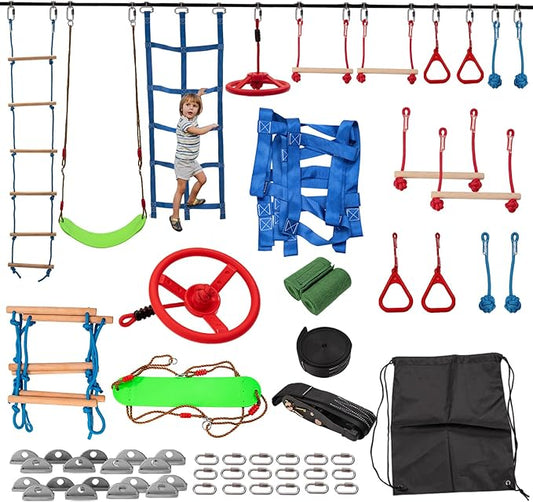 Slsy 60FT Ninja Warrior Obstacle Course with 10 Obstacles, Ninja Slackline Kit for Kids, Durable Playset Equipment for Boys & Girls with Monkey Bar, Swing, Climbing Ladder & Net