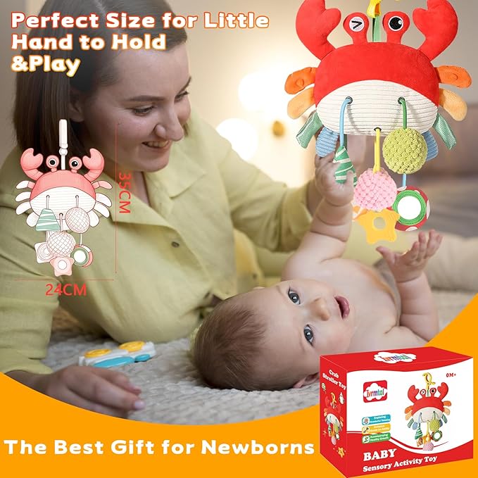 Car Seat Toys for Babies 0–12 Months, Hanging Infant Plush Rattle Toy with Mirror & Crinkle Clip-On Activity Toy for Car Seat, Stroller, Crib & Play Gym Baby Gift for Boys & Girls