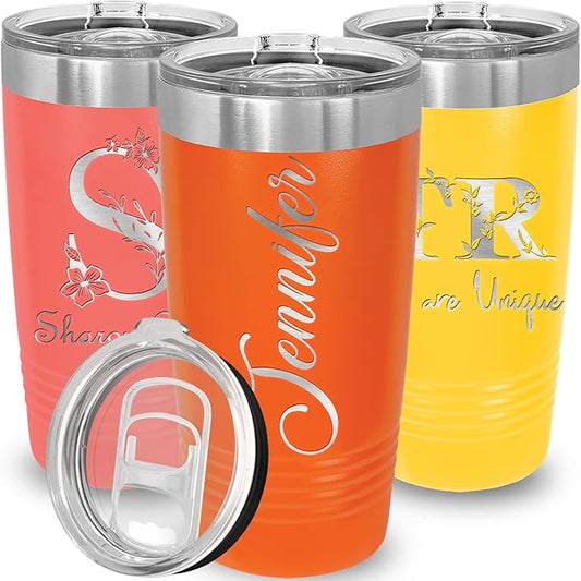 Personalized Gifts, Travel Coffee Mug, Engraved Tumbler with Names and Text, Personalized Cups Double Walled Insulated Coffee Cup for Travel, Work, Gym, Gift for Her, (Orange, 20oz)