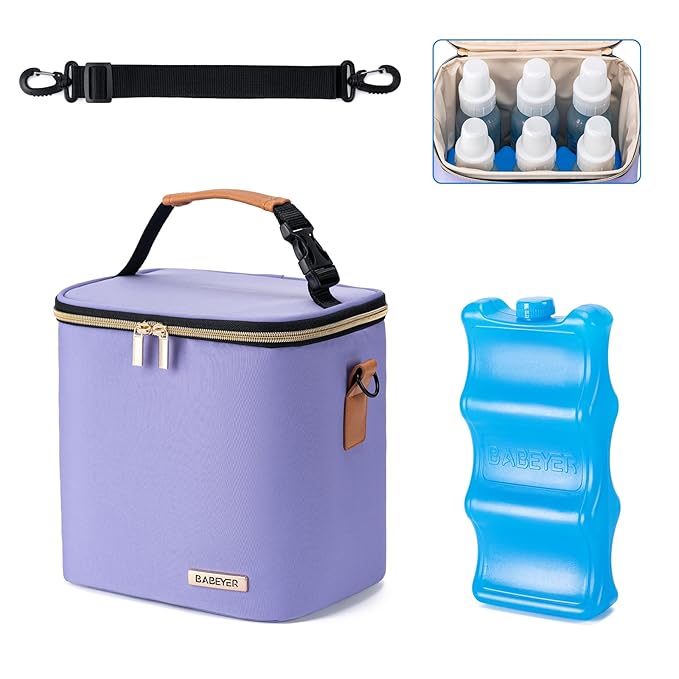 Breastmilk Cooler Bag with Ice Pack Fits 6 Baby Bottles Up to 9 Ounce, Baby Bottle Bag with Shoulder Strap for Nursing Mom Daycare, Violet
