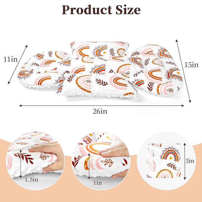 Pea Pod Infant Car Seat Insert with 3 Strap Covers, 3 in 1 Reversible Rainbow Baby Car Seat Head Support for Newborn, 3D Soft Minky Carseat Cushion for Preemie to Infant, Stroller, Swing, Bouncer