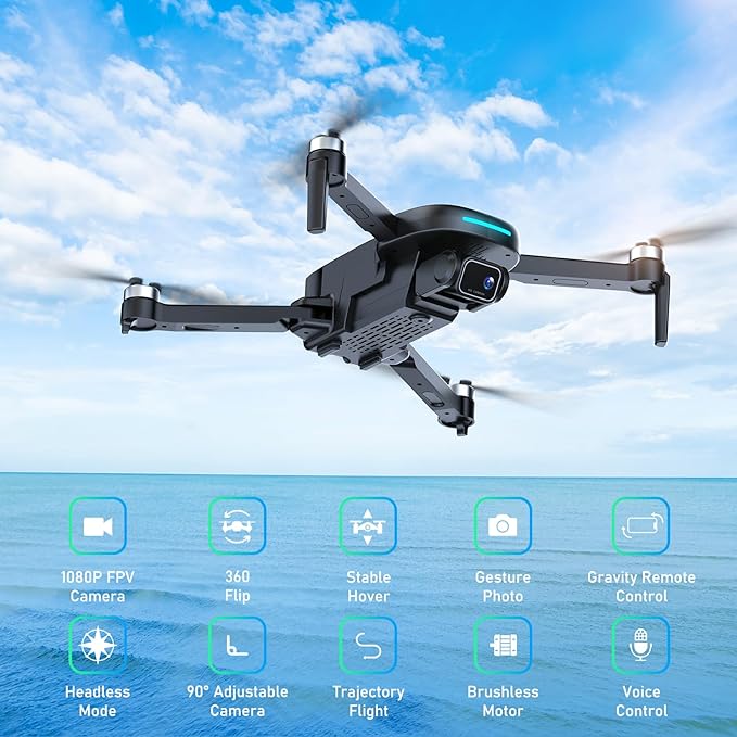 Drone with Camera, 1080P HD FPV Drone with Brushless Motor, One Key Take Off/Landing, Altitude Hold, Gesture Selfie, 3D Flips, 2 Batteries, Drones for Kids 14+