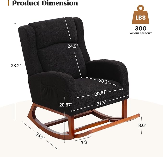 Rocking Chair Nursery, Nursing Rocking Chairs for Mom Nursery, Comfy Wingback Glider Rocking Armchair with Foot Rest and Side Pocket for Nursery Living Room Bedroom, Walnut Black