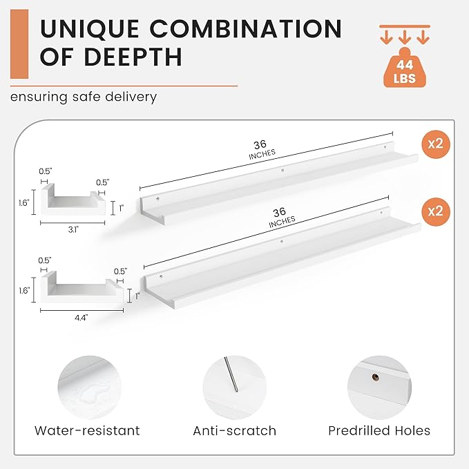 Floating Picture Ledge Shelves for Wall Set of 4, 36 Inch Wall Shelves with Lip Long Large Nursery Book Shelf for Toys Storage Kids Bookshelf Wall Mounted Living Room Bedroom Decor Frames