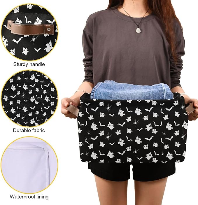 Storage Basket Bin Halloween Ghost and Bat Organizer Basket Collapsible Shelf Basket Cube with handle for Nursery Bedroom Bathroom (white 26)