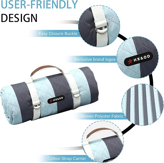 HX&OD Outdoor Picnic Blanket Extra Large, 80''*60'' Waterproof Picnic Mat with Stakes Foldable Camping Blanket Portable with Carry Strap for Beach Mat (Green& White, 80''*60'')