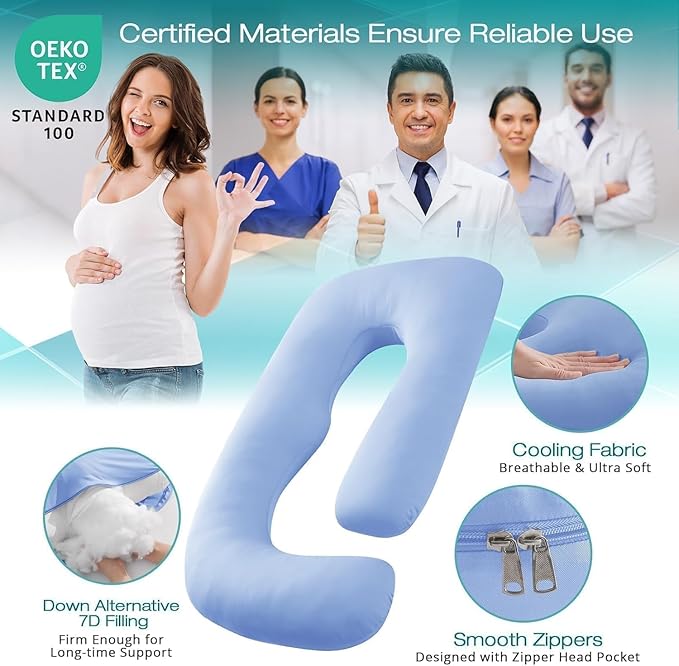 Sasttie Pregnancy Pillows for Sleeping, Jumbo U Shaped Cooling Full Body Pillow with Removable Cover, Pregnant Women Must Haves, Maternity Essential, Light Blue