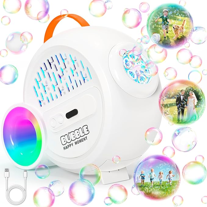 Rechargeable Bubble Machine with Upgrade RGB LED 16 Million Colors, 20000+ Bubbles Per Minute, Portable Bubble Maker for Kids, Weddings, Birthday Parties, Outdoor, Plug in or Battery Power