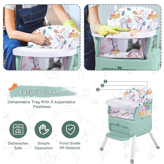 4 in 1 Portable Baby High Chair,Convertible Highchair for Babies and Toddlers-Foldable Infant Booster Seat,Carry Small Box,Dining Chair,Toddler High Chair with 5-Point Harness,Removable Tray-Green