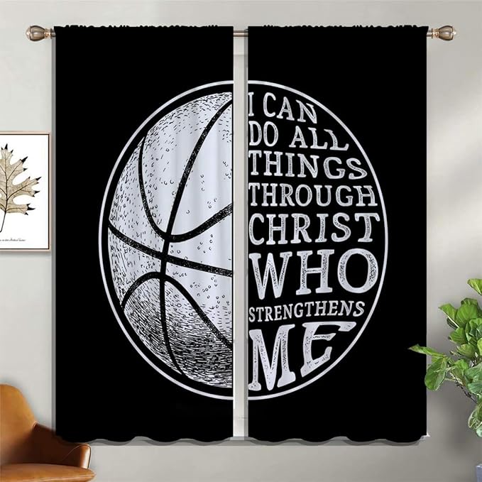 Basketball Blackout Curtains for Boy Girl Room Darkening Decor,Sport Theme and White Motto Dark Background Bedroom Living Room Home Rod Pocket Thermal Insulated Window Curtain/Drapes Panel,84x72 Inch…