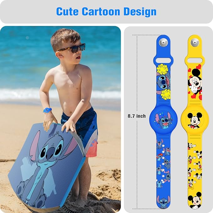 2 Pack AirTag Bracelet for Kids, Waterproof Cute Cartoon Air tag Holder for Kids with Watch Band Design, Full Coverage Silicone Airtag Hidden Accessories for Child, Healthy Material Blue + Yellow