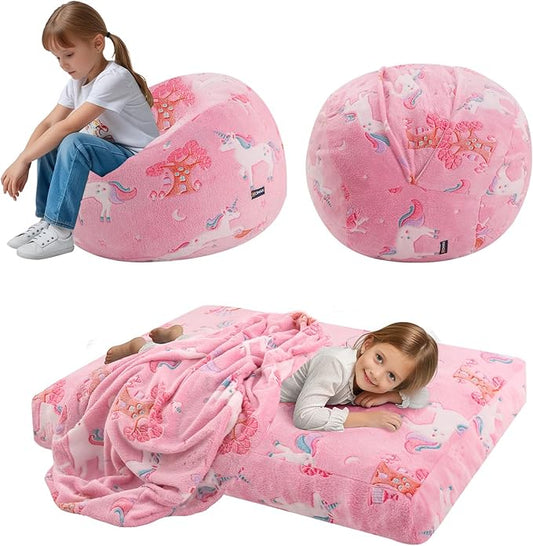 COMAX Kids Bean Bag Chair Turn into Beanbag Bed, Toddler Bean Chair for Girl Boy Sleeping, Lazy Children Bean Bags with Filler, Convertible Child Floor Mattress, Pink Fairy