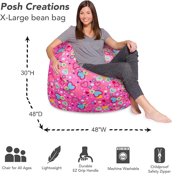 Posh Creations Bean Bag Chair for Kids, Teens, and Adults Includes Removable and Machine Washable Cover, Canvas Multi-Colored Hearts on Pink, 48in - X-Large