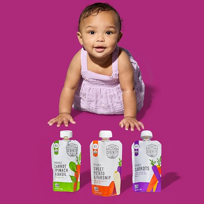 Serenity Kids 6+ Months Certified Organic Baby Food Pouches Veggie Puree - No Sugary Fruits/Added Sugar - 3.5 Oz BPA & Allergen-Free Packaging - Garden Variety Pack - 6 Count Veggie Puree Pouches