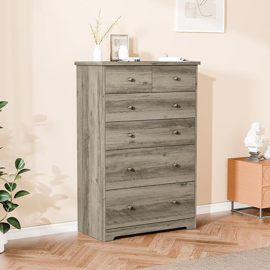 VINGLI Tall Dresser, Rustic Grey Dresser 6 Drawer Chest of Drawers, Wood Gray Dressers for Bedroom, Hallway, Home Office, 31.5" W x 15.75" D x 47.64" H