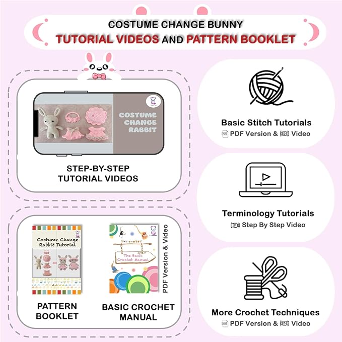 LoopMap Beginner Crochet Kit for Adults & Kids - DIY Amigurumi Bunny with Removable Dress & Accessories - Step-by-Step Video Tutorials, Extra Yarn, Crochet Tools - Handmade Gift (Bunny-Pink)