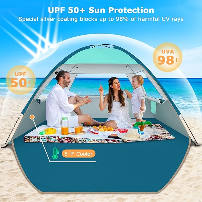 COMMOUDS Beach Tent Sun Shade for 3/4-5/6-7/8-10 Person, UPF 50+ Beach Sun Shelter Canopy Tent, Lightweight, Easy Set Up and Carry