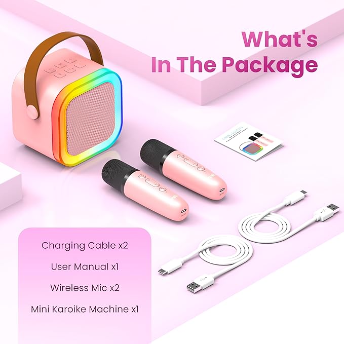 Karaoke Machine for Kids Adults, Portable Bluetooth Mini Karaoke Microphone Singing Speaker with 2 Mic and Light,Toys for All Smartphones,Birthday, Family,Home Party (Pink)
