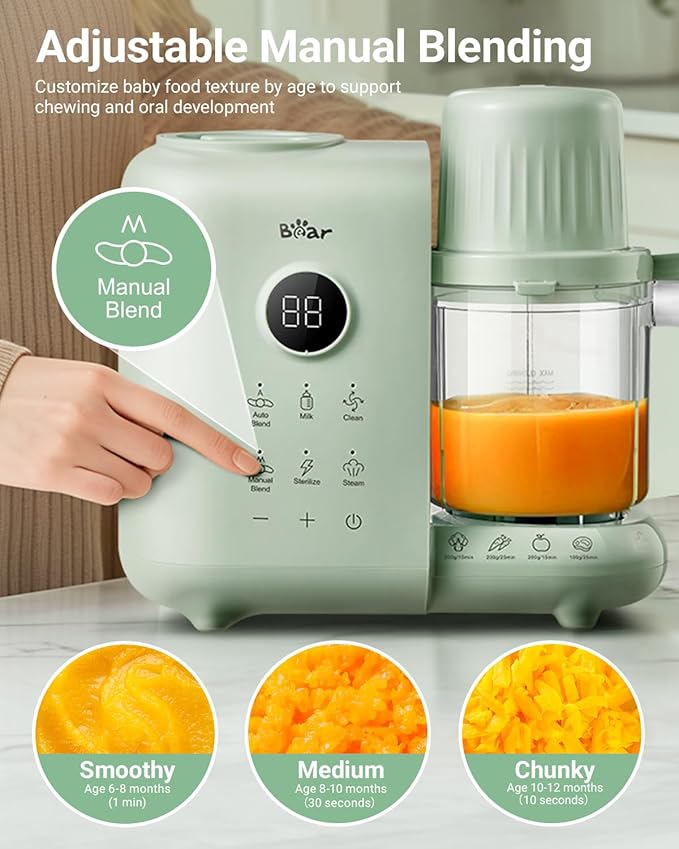 Bear Baby Food Maker with Two Layer Steam Baskets, Multifunction Baby Food Processor Steamer Puree Blender, Baby Food Mill with Bottle Warming Sterili-zing Auto Cleaning Function, BPA-Free