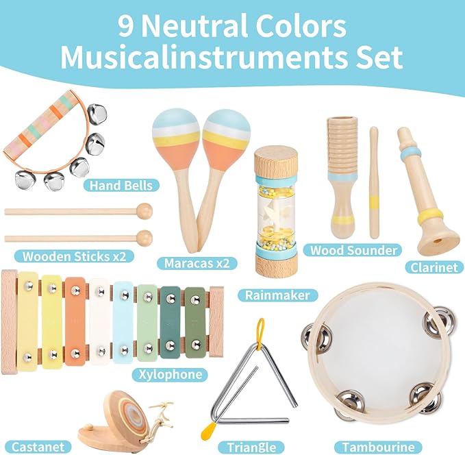 Baby Musical Instruments Set Wooden Montessori Toys for Toddlers 1-3 Percussion Instruments Set Modern Boho Music Toys for Kids Preschool Educational.