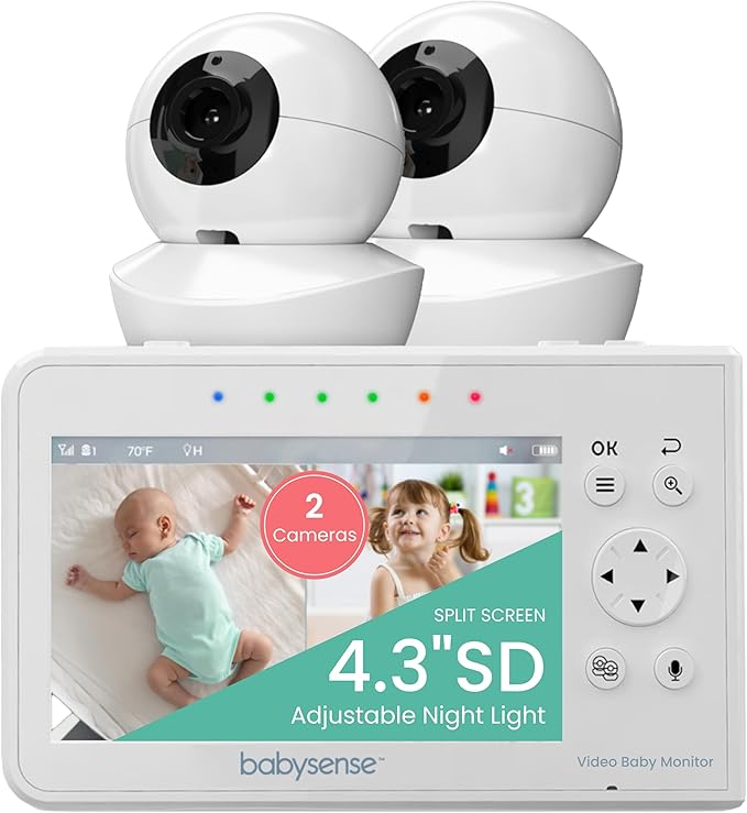 Babysense Baby Monitor with 2 Cameras and Audio 4.3", Non Wifi Baby Monitor, Dual Split Screen, Portable Double Sleep Video Monitoring, Auto Night Vision & Light, Lullabies & White Noise Two-Way Audio