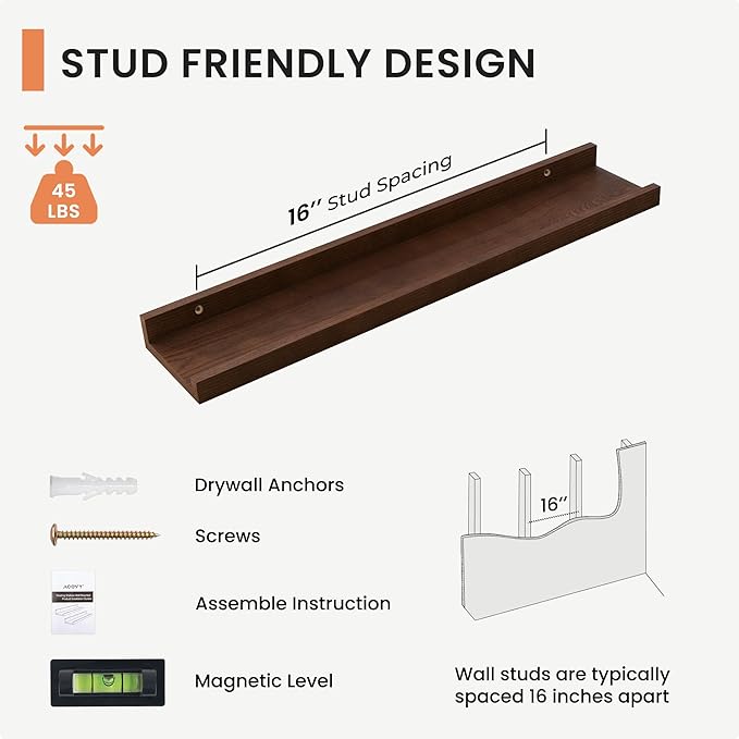 Solid Ash Wood Picture Ledge Shelf, 24 Inch Floating Shelves with Lip Set of 2, Photo Ledge Shelf Nursery Bookshelf Wall Mounted for Living Room Bedroom Decor, Walnut