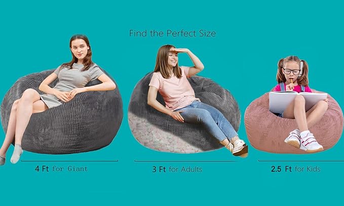 Bean Bag Chairs with Faux Rabbit Fur Cover, 4 ft Giant Memory Foam Bean Bag Chairs for Adults/Teens with Filling,Ultra Soft Faux Fur Fabric, Round Fluffy Sofa for Living Room Bedroom College Dorm