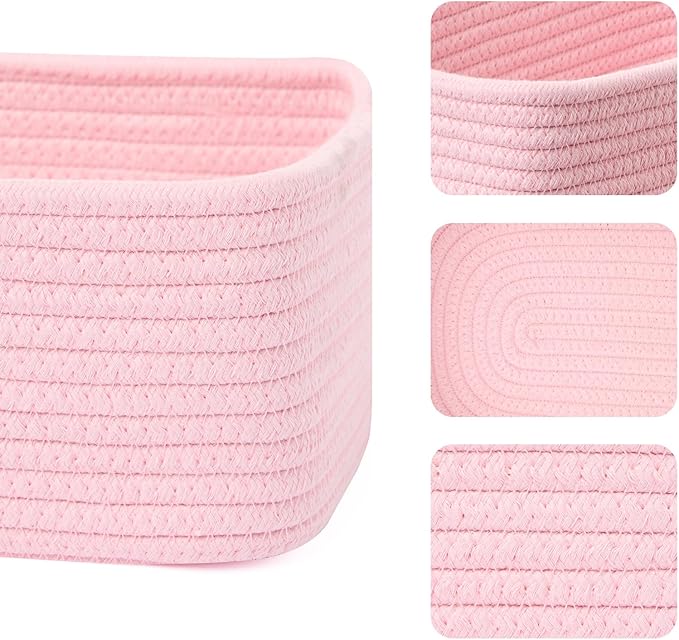 Small Storage Baskets for Organizing | Closet Organizer Bins | Shelf Toy Basket | Woven Rope Baskets | Cube Decorative Box | Shallow Basket | 11.5x7.5x4.7” | 3 Packs Light Pink