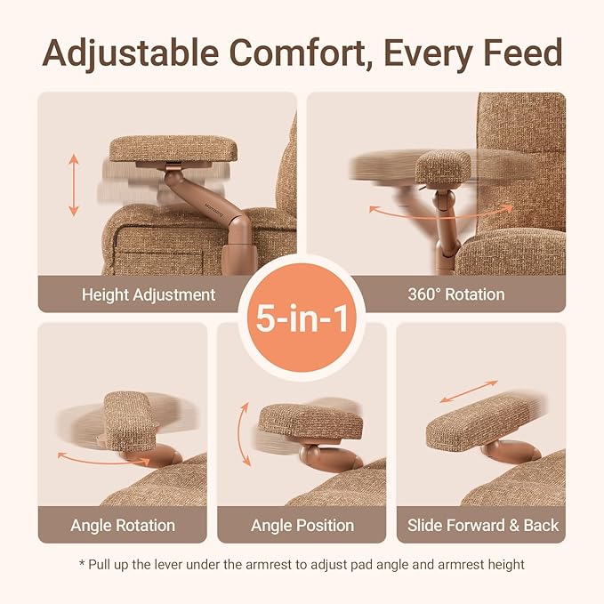 Nursery Swivel Glider Recliner Chair with Adjustable Armrests & Headrest, Rocking Chair Nursery with Removable Cover for Breastfeeding, FSC & Oeko-TEX Certified, Brown