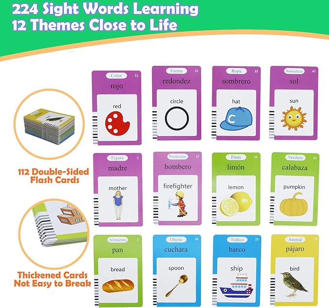MAYAPHILOS Spanish and English Talking Flash Cards, 224 Sight Words Learn Spanish for Kids, Audible Educational Interactive Autism Sensory Toys for Toddlers