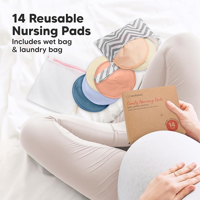 Organic Nursing Pads - 14 Washable Viscose Derived from Bamboo Breastfeeding Pads, Wash Bag, Reusable Breast Pads for Breastfeeding, Nipple Pads for Breastfeeding Essentials (Sweetheart, L 4.8")