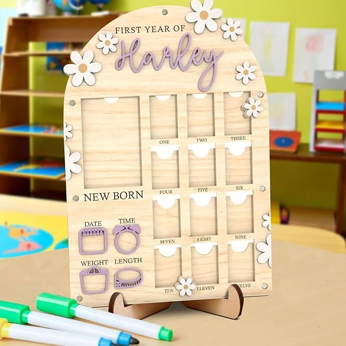 Personalized My First Year Photo Frame | 12 Months Picture Frame For Baby First Year | Displays One 4x6 Photo and Twelve 2x3 Pictures | Birthday Party Decor Newborn Memory Keepsake, Daisy Florals