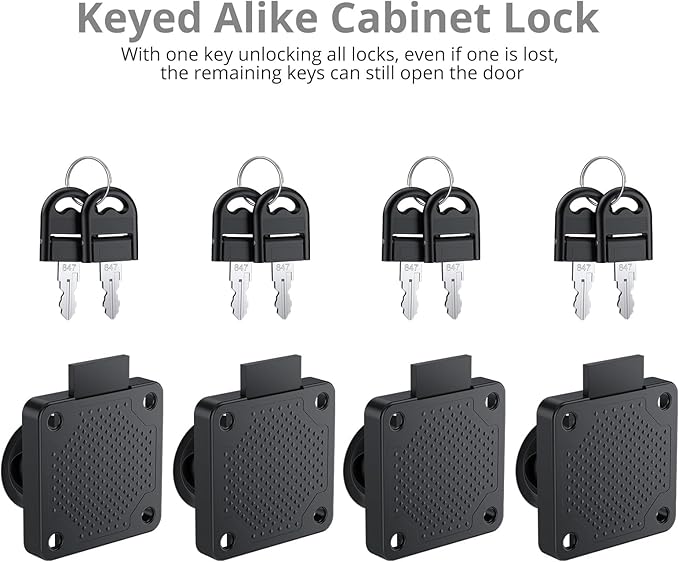 Tanice 4 Pack Furniture Lock Zinc Alloy Cam Security Lock Keyed Alike Cylinder Cupboard Drawer Lock with 8 Keys for Door Cabinet Mailbox Drawer Cupboard Household Office, Black