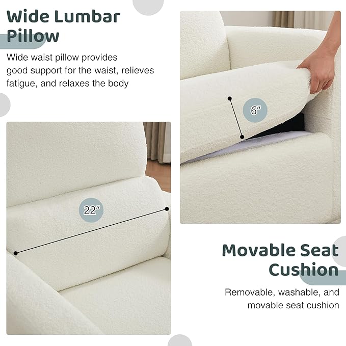 Swivel Rocker Recliner, Oversized Boucle Glider Recliner Nursery, Manual Swivel Rocking Reclining Chairs with Removable Cushion and Lumbar Support for Nursery Living Room Bedroom, Teddy White