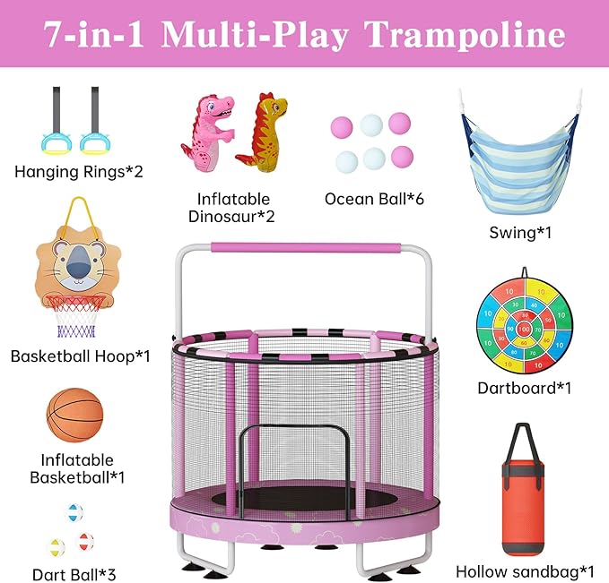 LAMERGE 55" 7-in-1 Round Trampoline for Kids Boys & Girls Ages 1-8, Indoor & Outdoor Trampoline for Fun, Adjustable Height Handrail ＆ Enclosed Safety Net ＆ Durable Designs for Toddlers Children