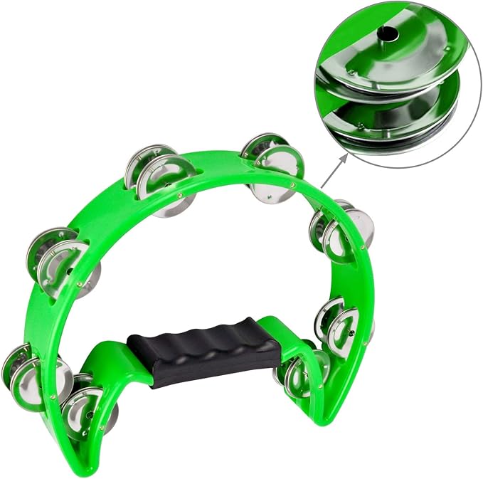 EastRock Tambourine,Metal Jingles Hand Held Percussion-Half Moon Tambourine for Kids, Adults, KTV, Party GREEN