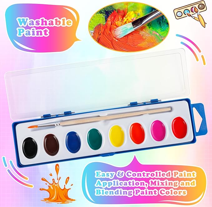 8 Colors Watercolor Paint Set for Kids,24 Pack Water Color Paints with Paint Brushes, Washable Paint for Classroom Art Activities Birthday Party Favors