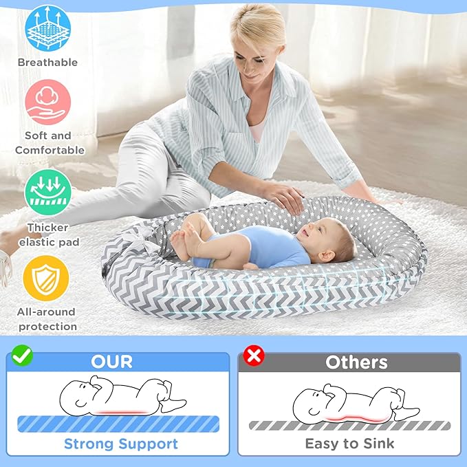 Baby Lounger - Baby Lounger for Newborn 0-24 Months, Breathable and Soft Cotton Cover Baby Nest, Portable Cozy Tummy Time Lounger for Home and Travel, Ideal Baby Essentials & Shower Gifts