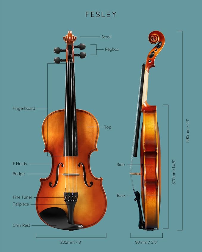 Fesley Violin Fiddle Full Set: 4/4 Polished Violin Kit for Beginners, Acoustic Violin with Hard Case, Solidwood Hand Made Starter Kit with Bow, Rosin, Shoulder Rest, Tuner, Extra Strings
