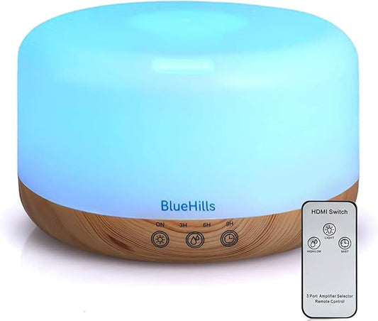 BlueHills Premium 1000 ML XL Essential Oil Diffuser Aromatherapy Humidifier with Remote Timer for Large Room Home 18 Hour Run Huge Coverage Area 1 Liter Mood Light Extra Large Capacity Wood Grain D004