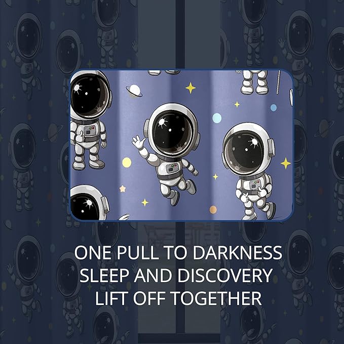 Kids Space Astronaut Blackout Curtains - 100% Blackout, Thermal Insulated, Noise Reducing, Perfect for Kids Room and Nursery, 2 Panels (Spacewalk Buddies, W52×L63)