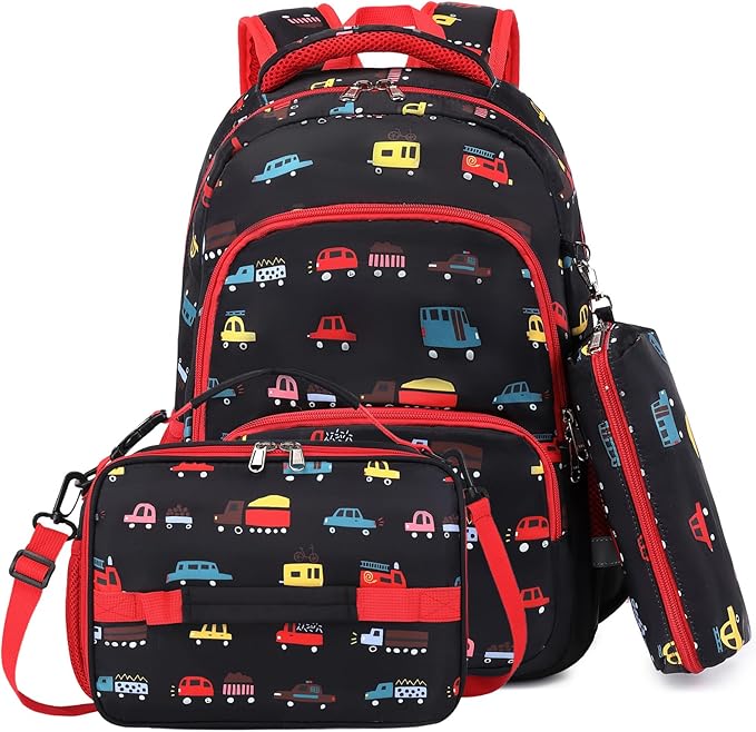 mygreen 3PCS Kids Backpack Set - Waterproof Bookbag with Lunch Box for Boys Ages 3-12, Adorable Cartoon Prints for School & Outdoor Use Black Red Car