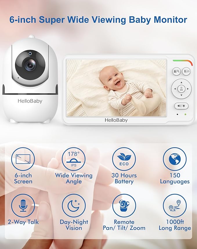 HelloBaby Baby Monitor with 6" World First IPS Screen 30-Hrs Battery, No WiFi Video Baby Monitor Camera and Audio, Remote Pan/Tilt/Zoom, ECO, VOX, 2-Way Talk, Night Vision, 1000ft, Portable for Travel