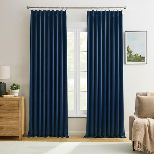 KEQIAOSUOCAI 2 PCs Navy Blue Pleat Wide Drapes for Sliding Glass Door 60 Wide x 102 Inch Long, Privacy Light Block Noise Reduce Insulated Ceiling to Floor for Locker Room Basement Bedroom Closet