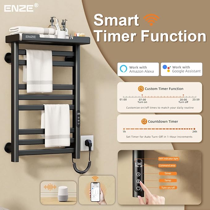 ENZE Heated Towel Rack with Shelf and Wi-Fi App Control, 8 Bars Electric Wall Mounted Towel Warmer with Timer & Adjustable Temperature, Low Carbon Steel, Plug-in/Hardwired, Matte Black