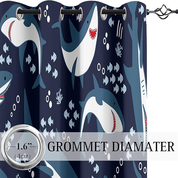 Shark Blackout Curtains 2 Panels 63" Inch Drapes Boys Curtains for Bedroom Cute Ocean Life Themed Grommet Top Thermal Insulated Boys Room Curtains for Nursery, Navy Blue, 82" x 63"