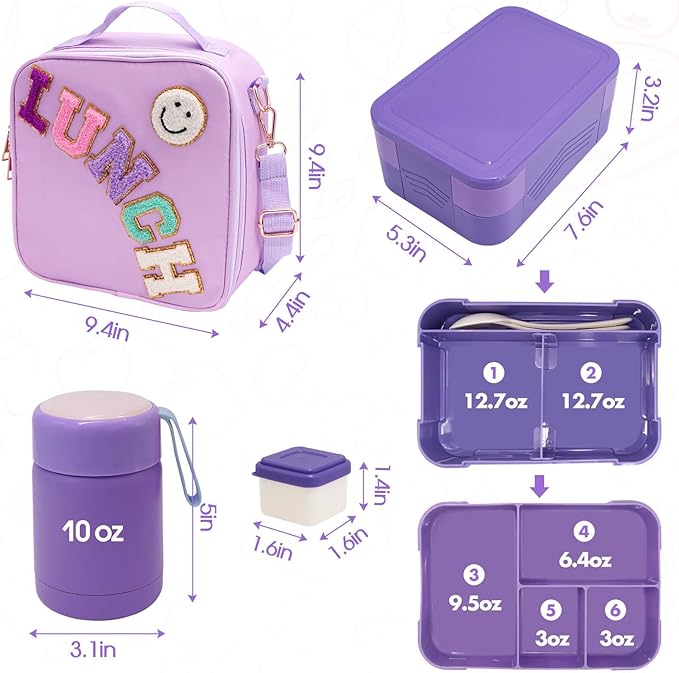 Preppy Lunch Box for Girls with 10oz Thermo, with 6 Compartment Bento Box, Purple Nylon Insulated Lunch Bag Adjustable Strap for Girl Kids Teens School Travel Picnic