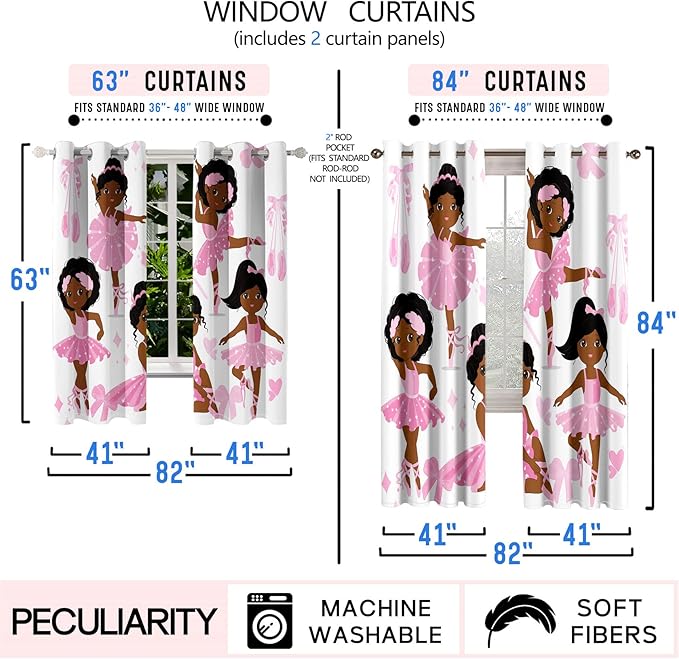 Cute Black Girl Curtain Panels for Girl Room Black Girl Curtains Grommets Top Drapes for Kids Nursery Bedroom Lovely Girls Themed Thermal Insulated Curtains, Black Girl Curtains, 82" x 84"