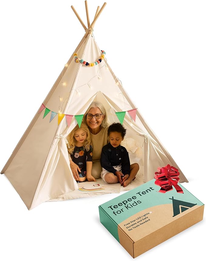 PlayVibe Kids Teepee Canopy - Baby & Toddler Play Shelter with LED Star Lights, Cozy Reading Nook, Party Canvas for Indoor Outdoor Fun - Tent for Kids - Play Tent