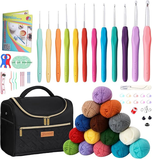 Yarniss Crochet Kits with Yarn,1120 Yards Soft Crochet Skeins, 10 Size Ergonomic Crochet Hooks with Portable Crochet Bag